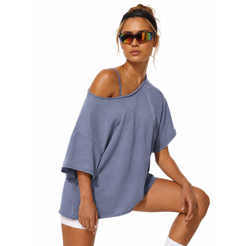 Free People FP Movement Slam Dunk Tee Womens M Blue Off the Shoulder Activewear